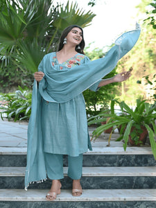 Bold Bloom Embroidered Kurta Set - Turquoise