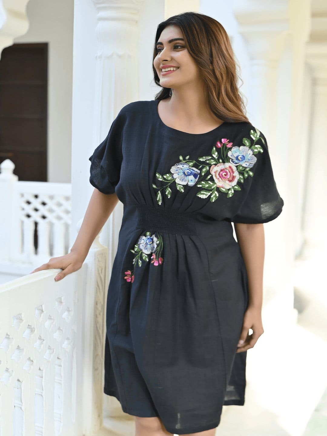 Bold Flower & Sequin Kaftaan Dress - Black - Charkha TalesBold Flower & Sequin Kaftaan Dress - Black