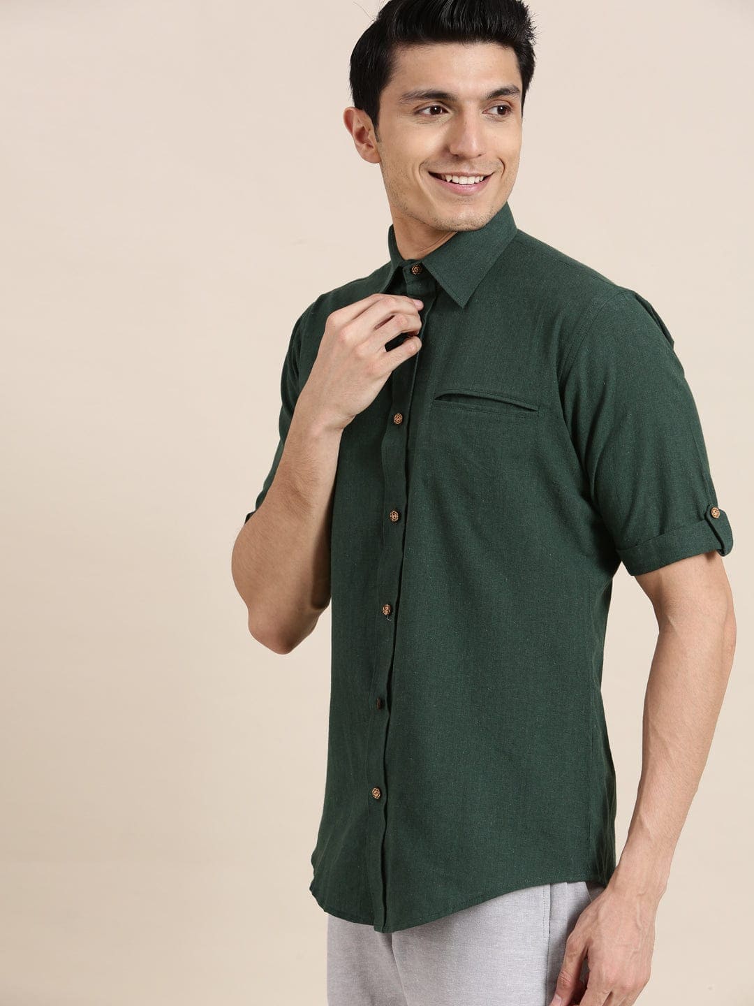 Bottle Green Cotton Shirt - Charkha TalesBottle Green Cotton Shirt