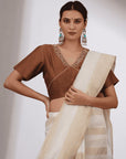 Brown Beads Work Chanderi Silk Blouse - Charkha TalesBrown Beads Work Chanderi Silk Blouse