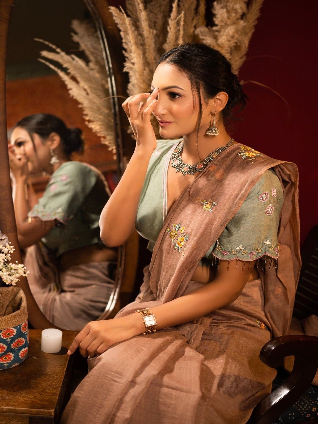 Brown Chanderi Hand Embroidered Saree - Charkha TalesBrown Chanderi Hand Embroidered Saree