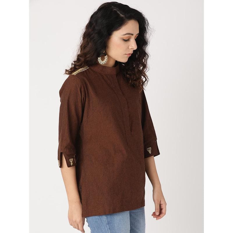 Brown embroidered Nordic Top - Charkha TalesBrown embroidered Nordic Top