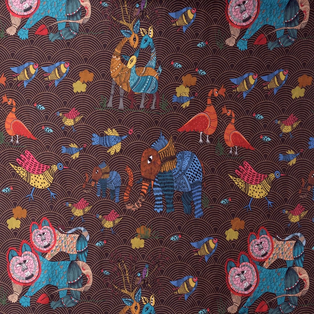 Brown Gond Print Silk Fabric - Charkha TalesBrown Gond Print Silk Fabric