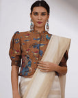 Brown Gondh Print Silk Blouse - Charkha TalesBrown Gondh Print Silk Blouse