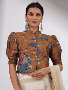 Gondh Print Silk Blouse - Brown