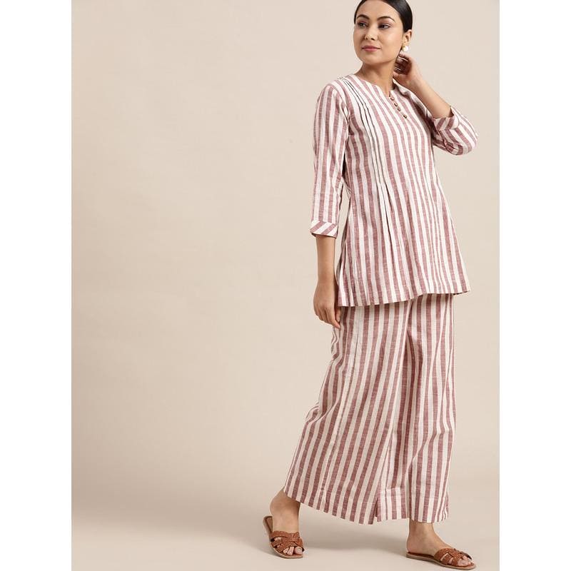 Brown khadi Stripes Co - ord Set. - Charkha TalesBrown khadi Stripes Co - ord Set.