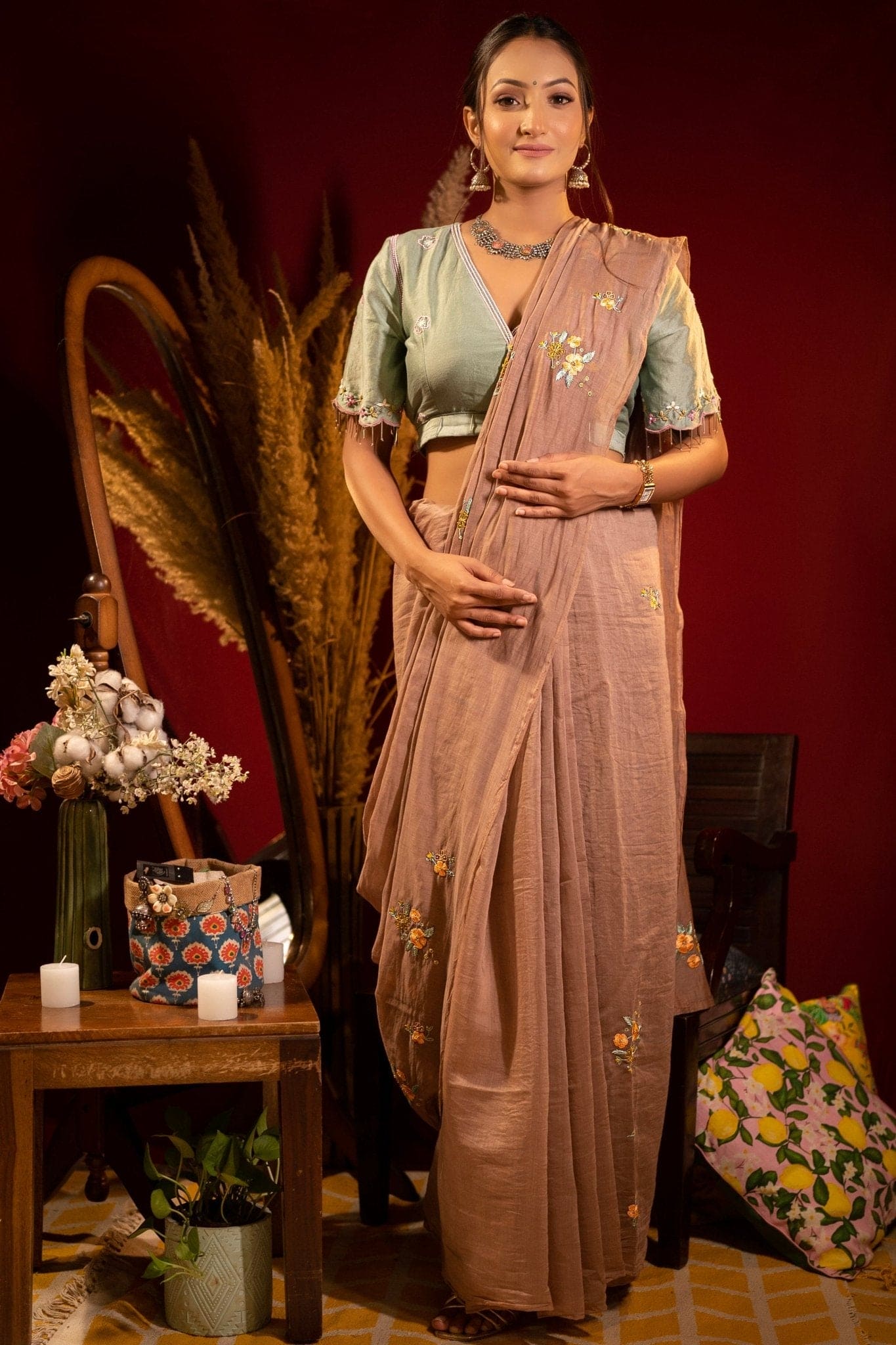 Chanderi Hand Embroidered Saree - Brown - Charkha TalesChanderi Hand Embroidered Saree - Brown