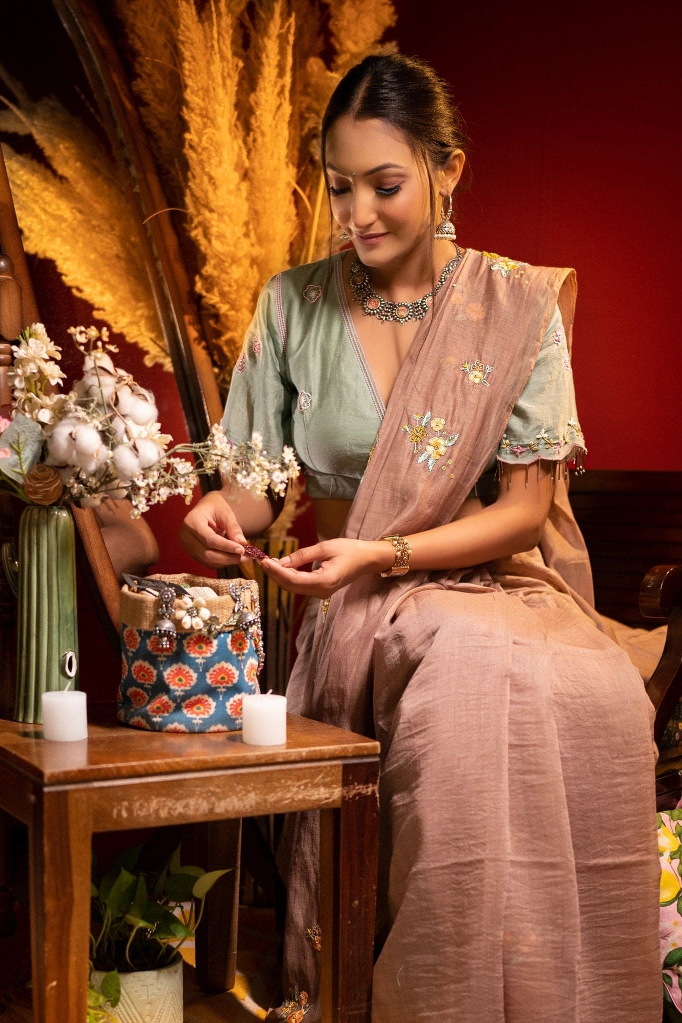 Chanderi Hand Embroidered Saree - Brown - Charkha TalesChanderi Hand Embroidered Saree - Brown