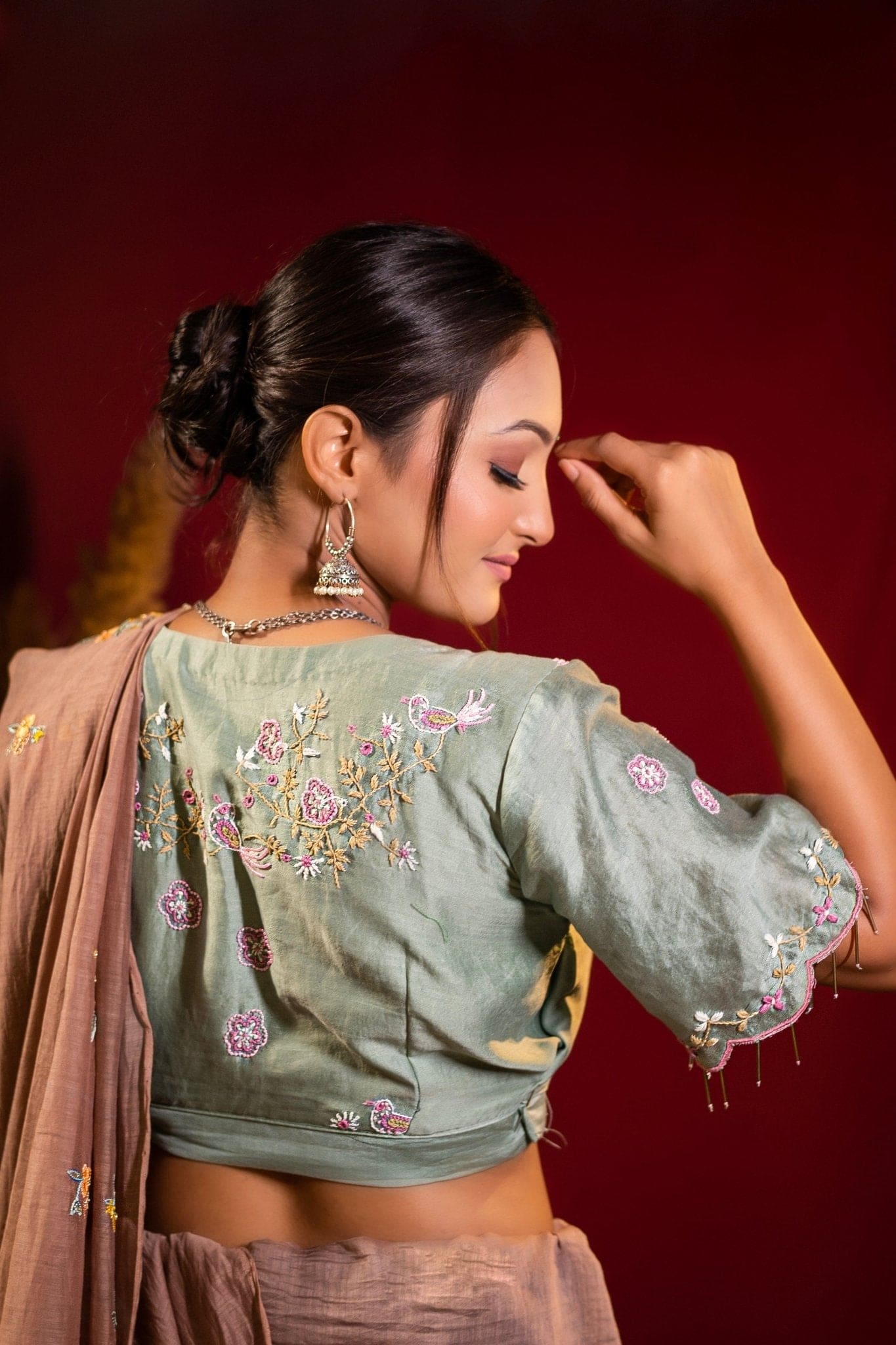 Chanderi Hand Embroidered Saree - Brown - Charkha TalesChanderi Hand Embroidered Saree - Brown