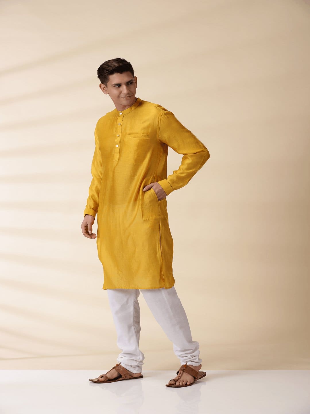 Chanderi Men Jacket & Kurta Set - Yellow - Charkha TalesChanderi Men Jacket & Kurta Set - Yellow