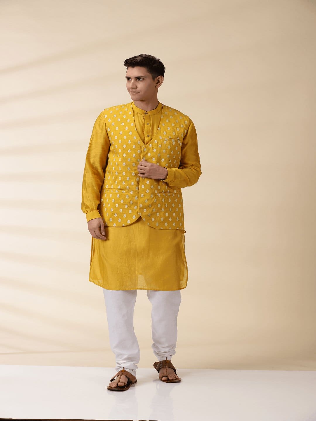 Chanderi Men Jacket & Kurta Set - Yellow - Charkha TalesChanderi Men Jacket & Kurta Set - Yellow