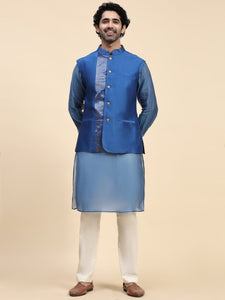 Chanderi Men Kurta Set - Blue