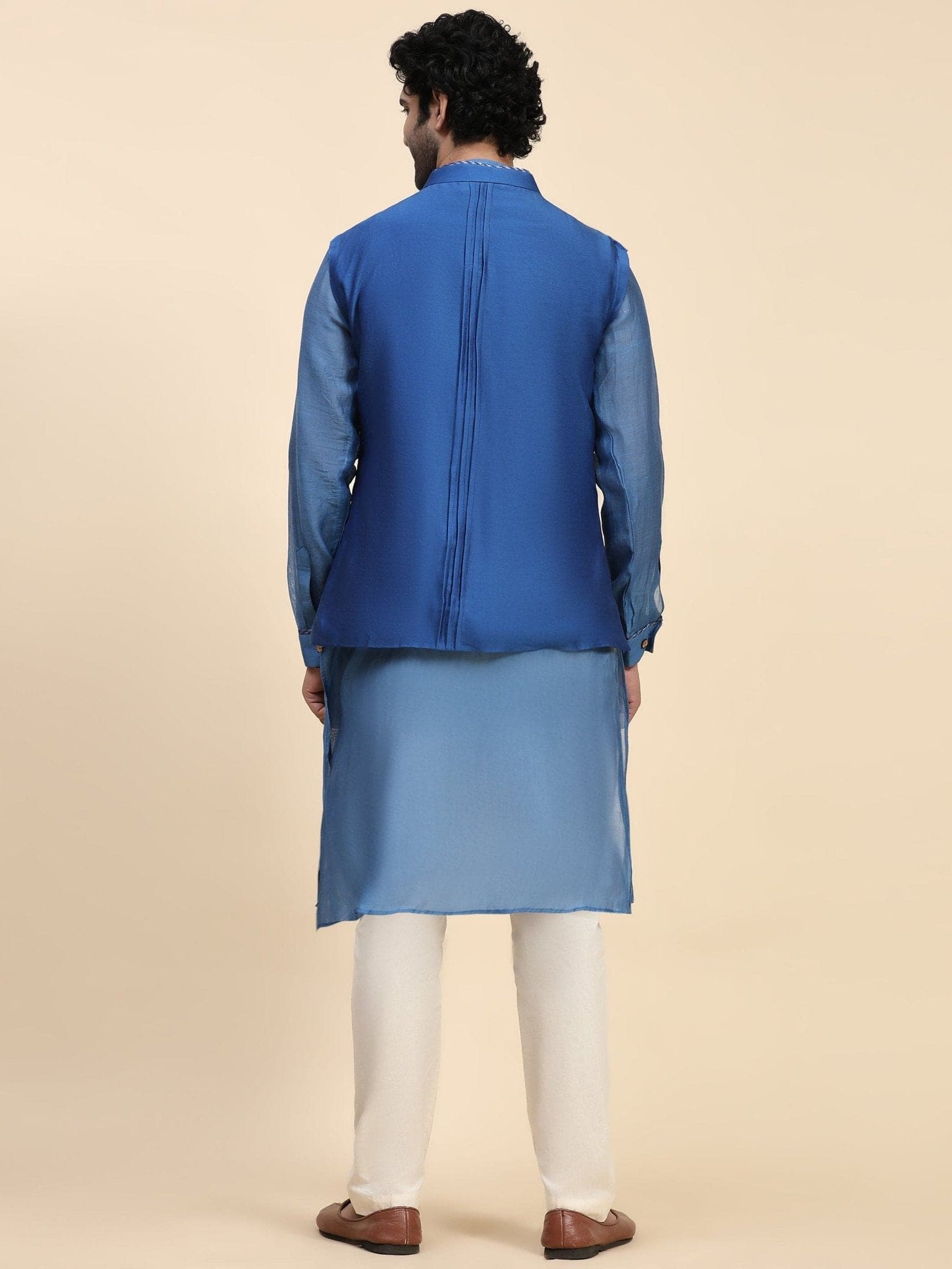 Chanderi Men Kurta Set - Blue - Charkha TalesChanderi Men Kurta Set - Blue