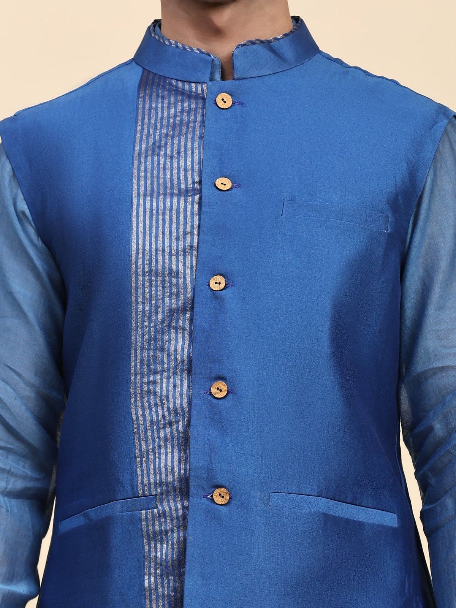 Chanderi Men Kurta Set - Blue - Charkha TalesChanderi Men Kurta Set - Blue