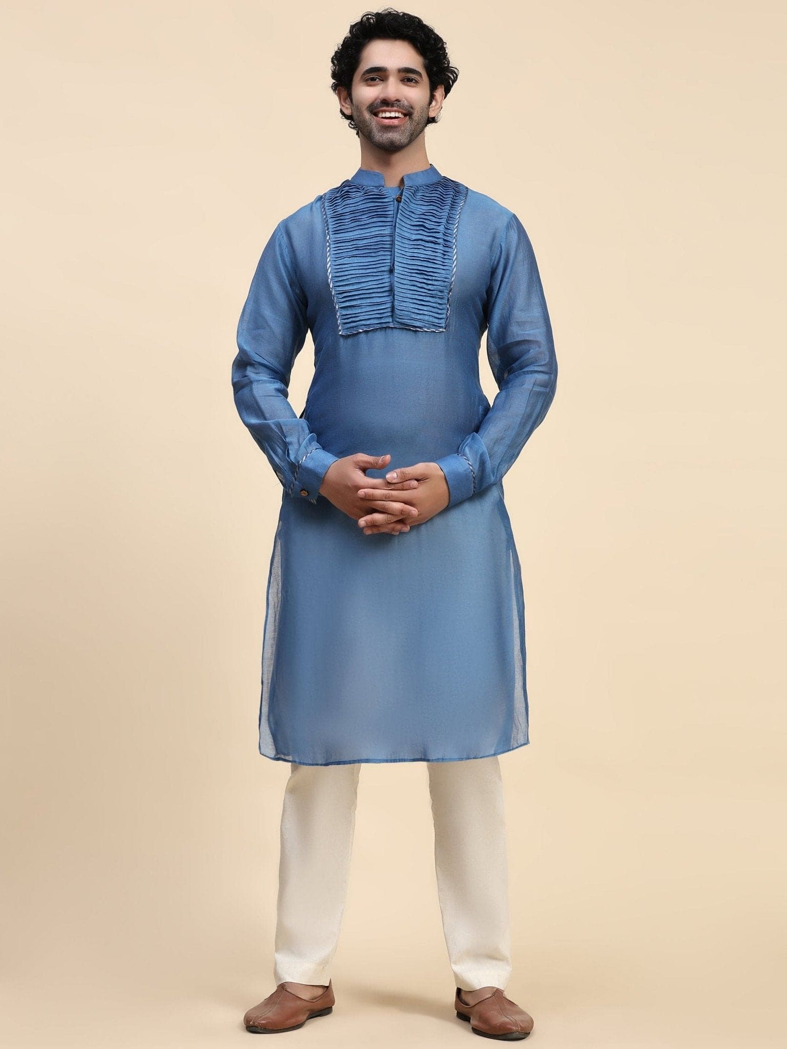 Chanderi Men Kurta Set - Blue - Charkha TalesChanderi Men Kurta Set - Blue