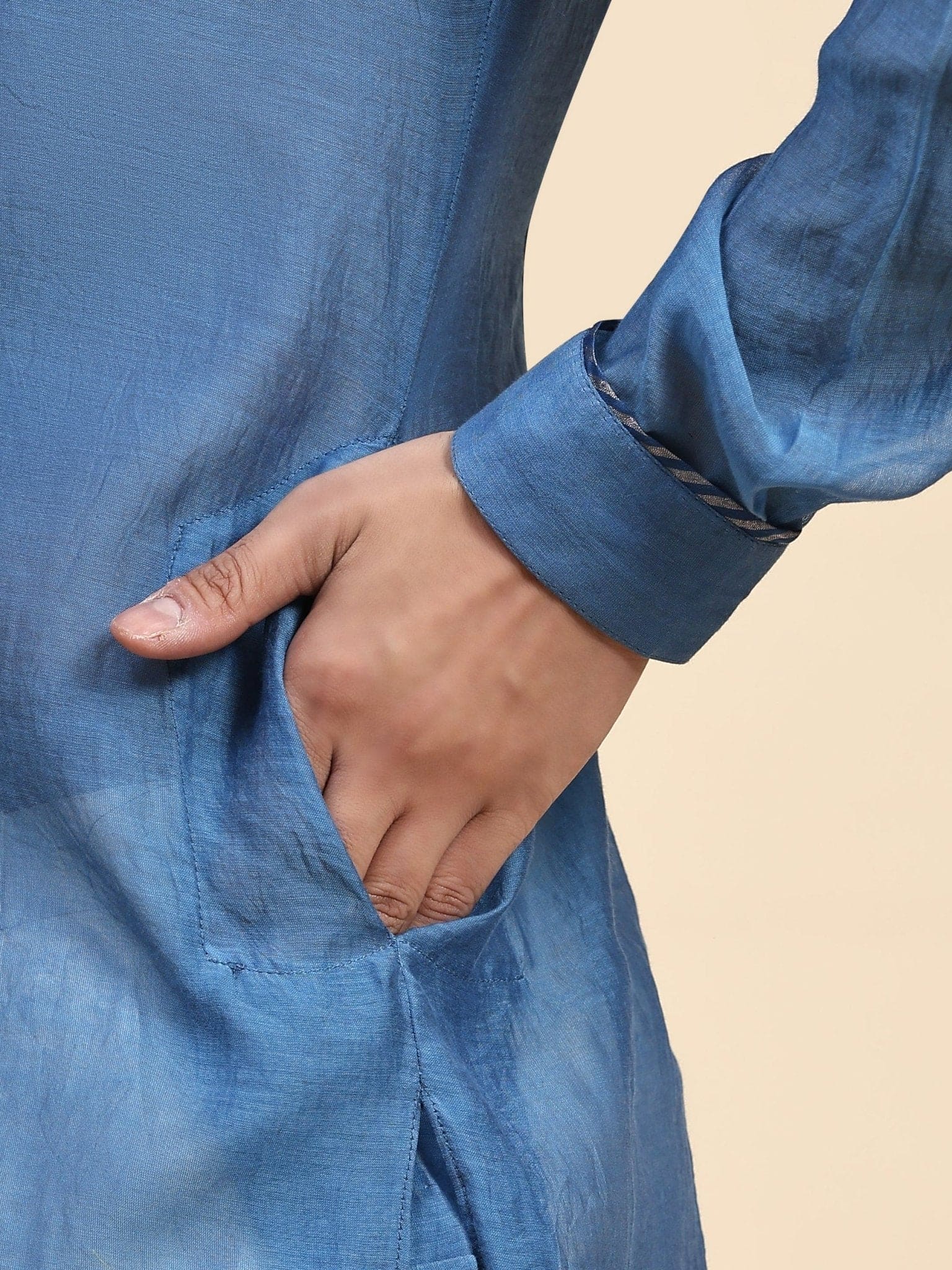 Chanderi Men Kurta Set - Blue - Charkha TalesChanderi Men Kurta Set - Blue