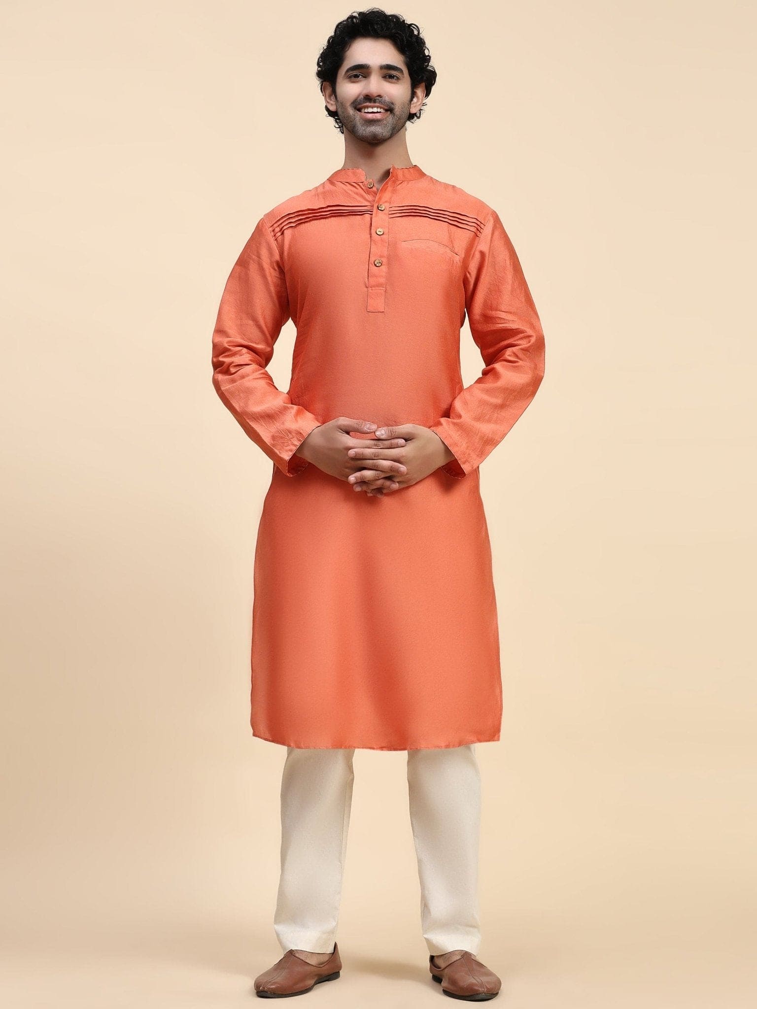 Chanderi Men Kurta Set - Orange - Charkha TalesChanderi Men Kurta Set - Orange