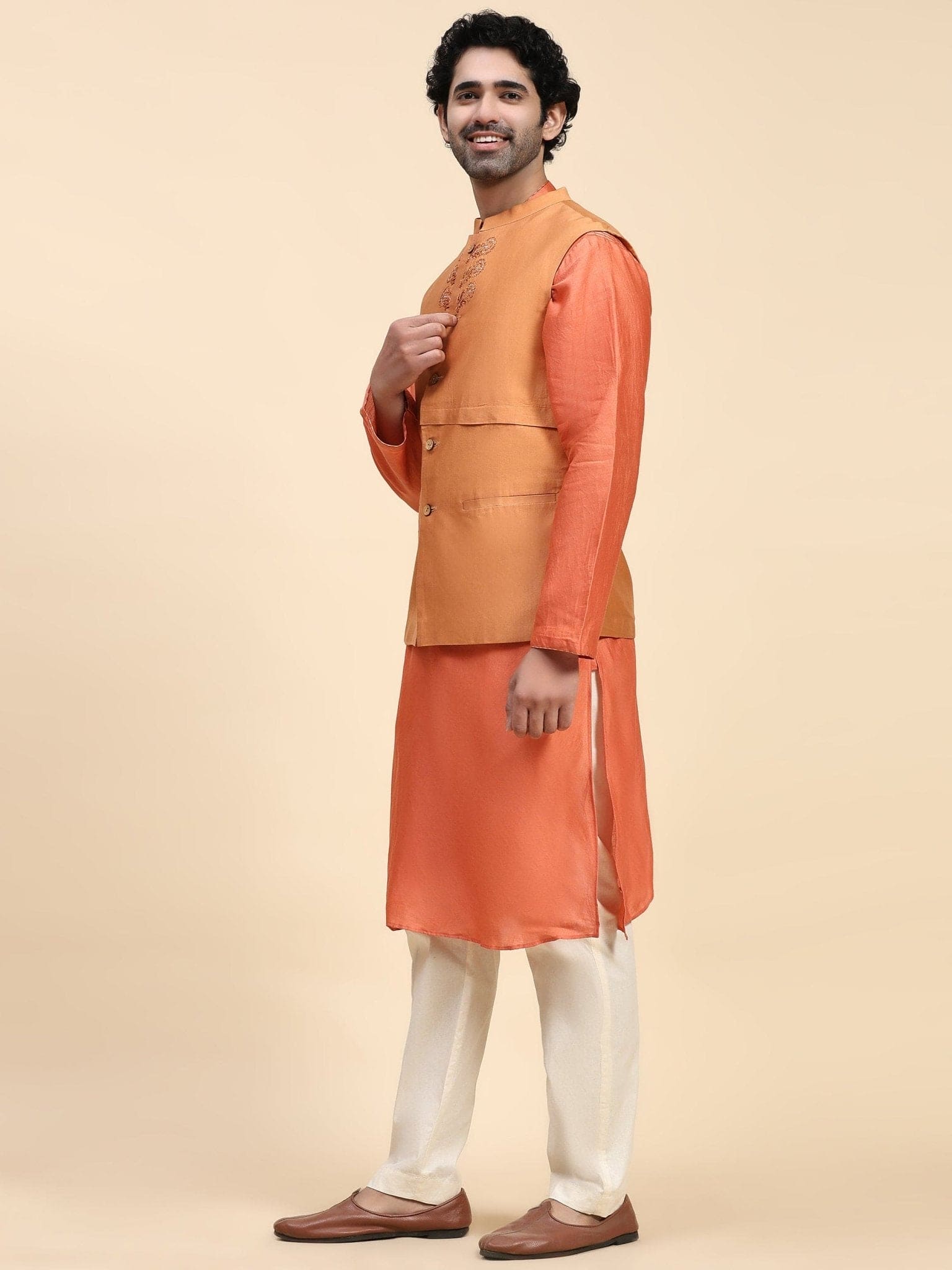 Chanderi Men Kurta Set - Orange - Charkha TalesChanderi Men Kurta Set - Orange