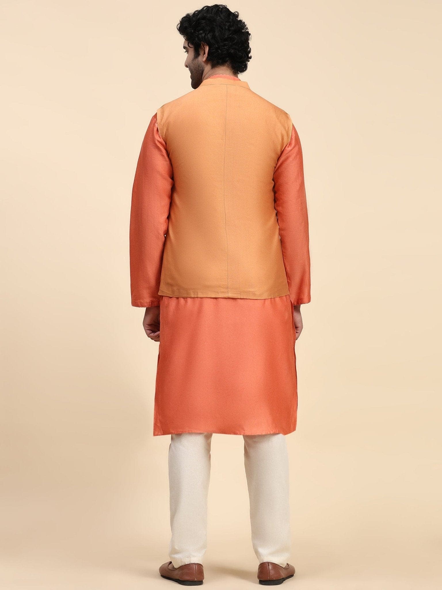 Chanderi Men Kurta Set - Orange - Charkha TalesChanderi Men Kurta Set - Orange