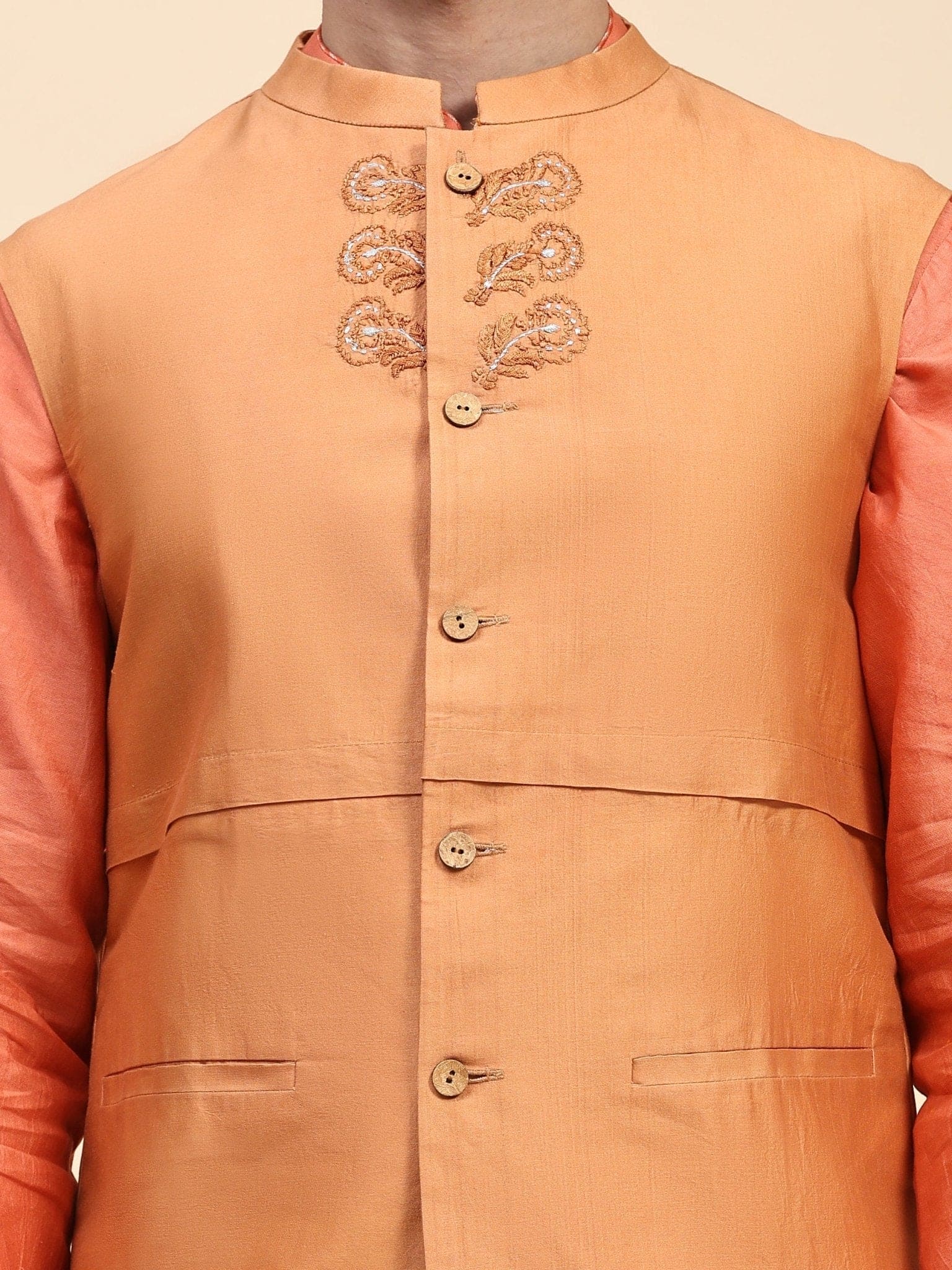 Chanderi Men Kurta Set - Orange - Charkha TalesChanderi Men Kurta Set - Orange