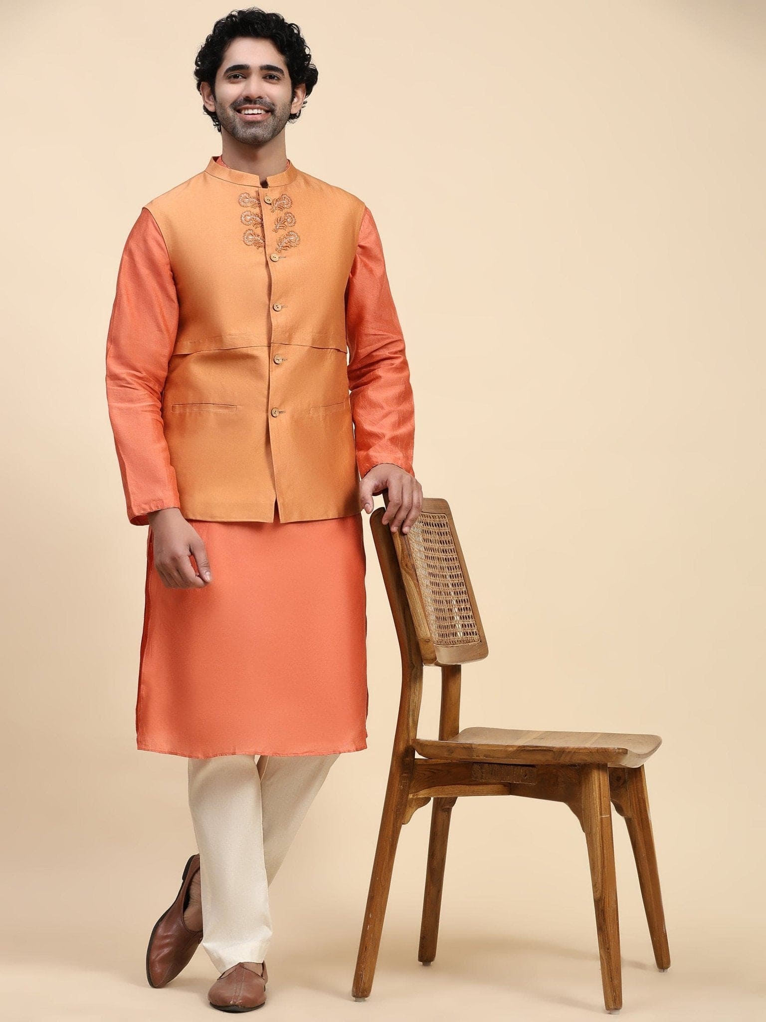 Chanderi Men Kurta Set - Orange - Charkha TalesChanderi Men Kurta Set - Orange
