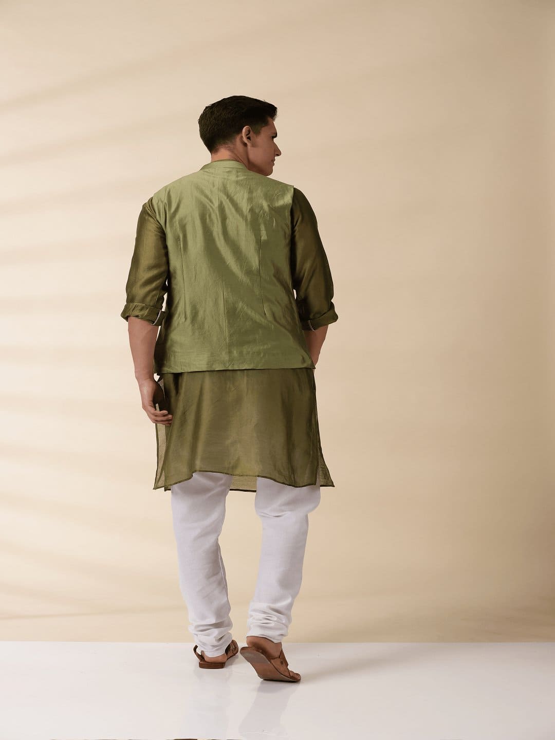 Chanderi Men Nehru Jacket & Kurta Set - Green - Charkha TalesChanderi Men Nehru Jacket & Kurta Set - Green