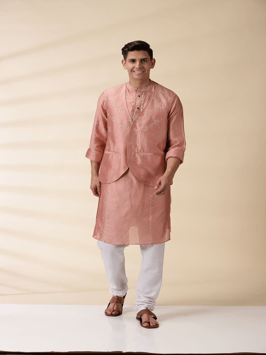 Chanderi Men Sadri & Kurta Set - Peach - Charkha TalesChanderi Men Sadri & Kurta Set - Peach