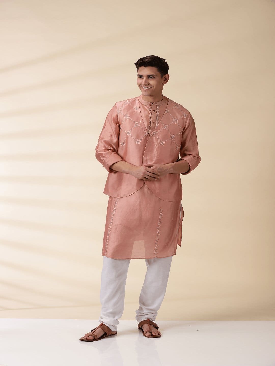 Chanderi Men Sadri & Kurta Set - Peach - Charkha TalesChanderi Men Sadri & Kurta Set - Peach