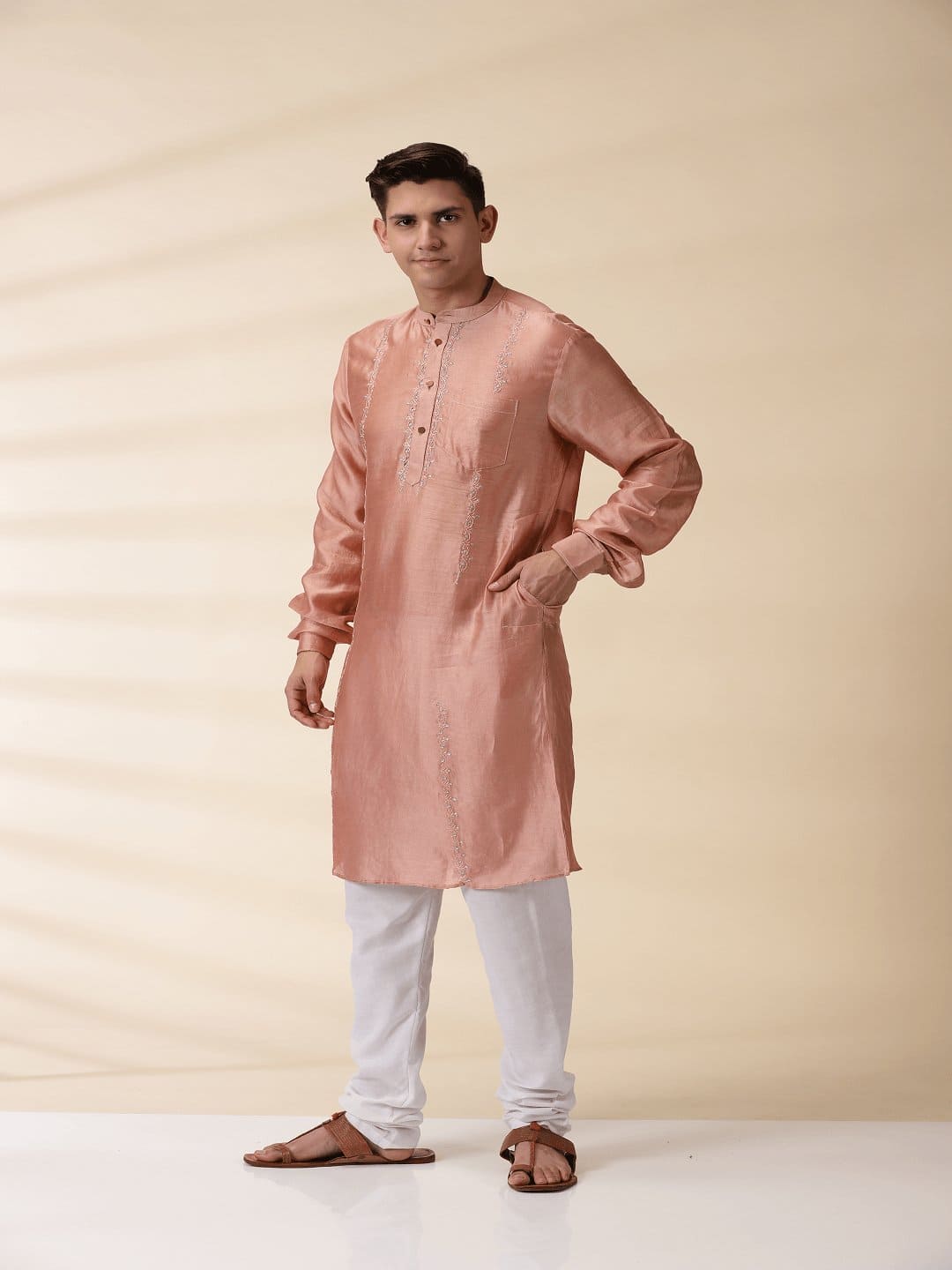 Chanderi Men Sadri & Kurta Set - Peach - Charkha TalesChanderi Men Sadri & Kurta Set - Peach