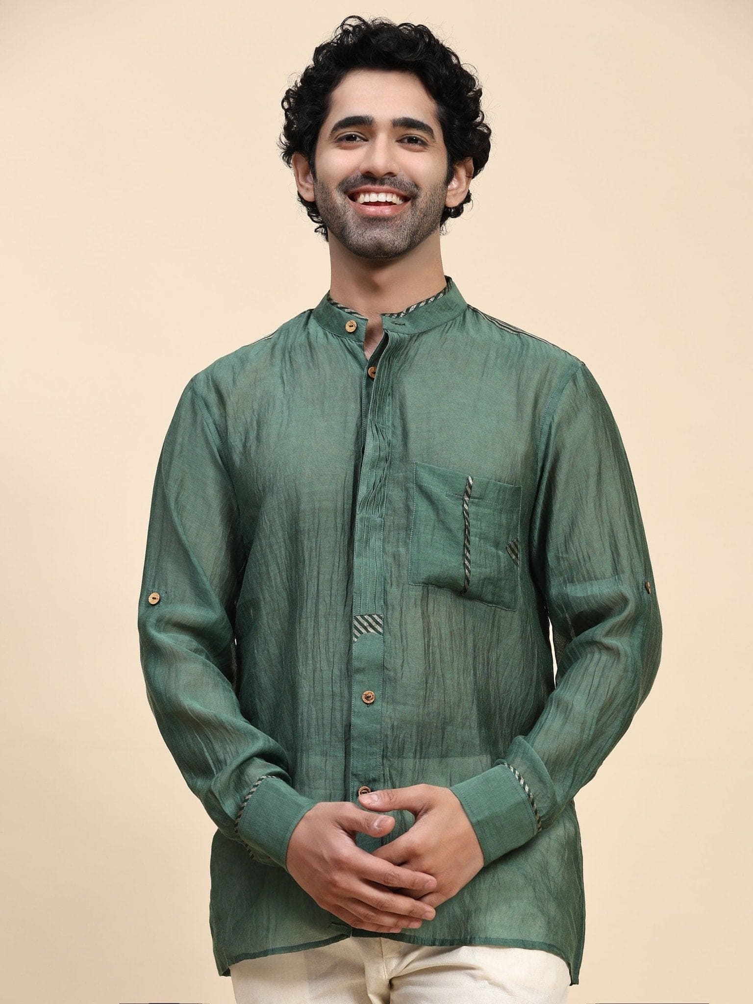 Chanderi Men Shirt - Emerald Green - Charkha TalesChanderi Men Shirt - Emerald Green