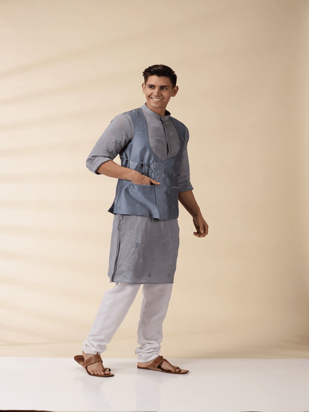 Chanderi Men's Achkan Jacket & Kurta Set - Grey - Charkha TalesChanderi Men's Achkan Jacket & Kurta Set - Grey