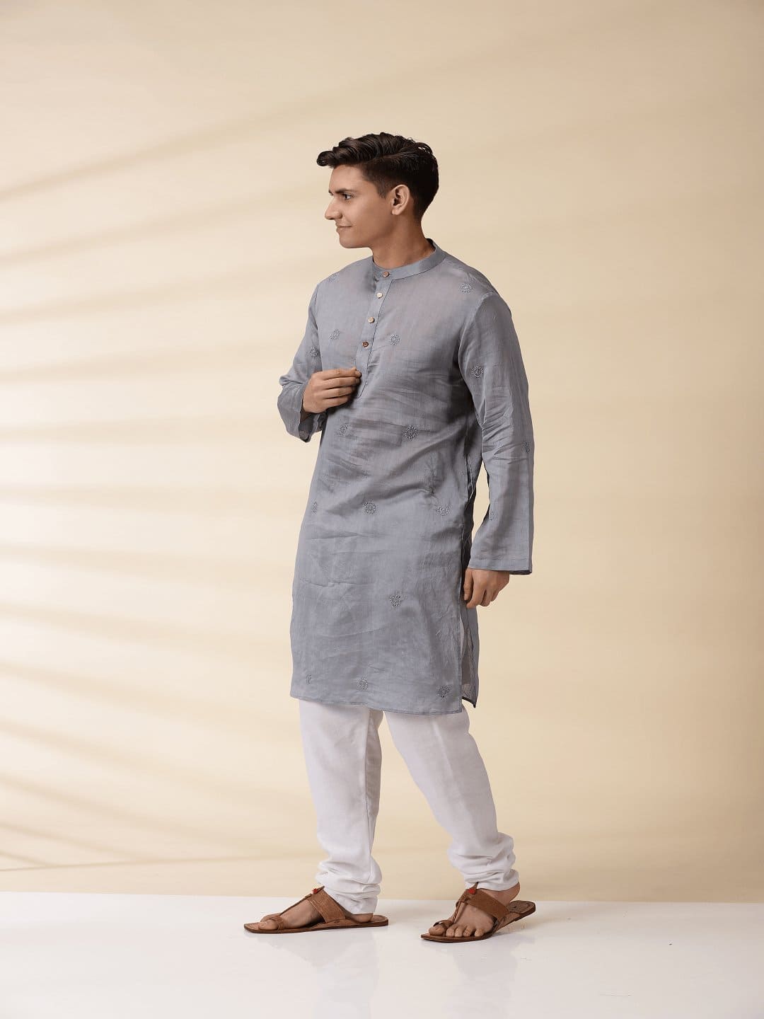 Chanderi Men's Achkan Jacket & Kurta Set - Grey - Charkha TalesChanderi Men's Achkan Jacket & Kurta Set - Grey