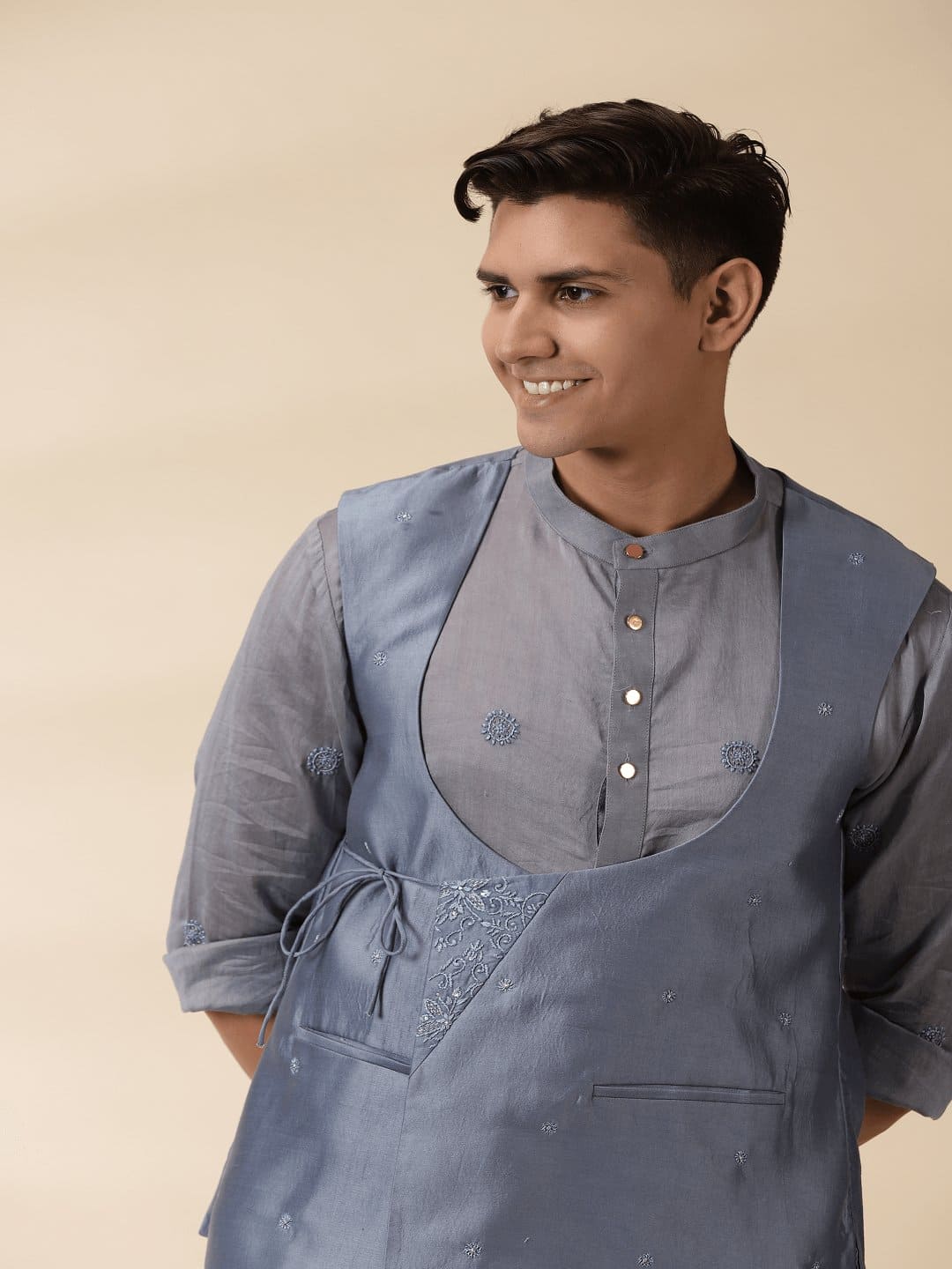 Chanderi Men's Achkan Jacket & Kurta Set - Grey - Charkha TalesChanderi Men's Achkan Jacket & Kurta Set - Grey