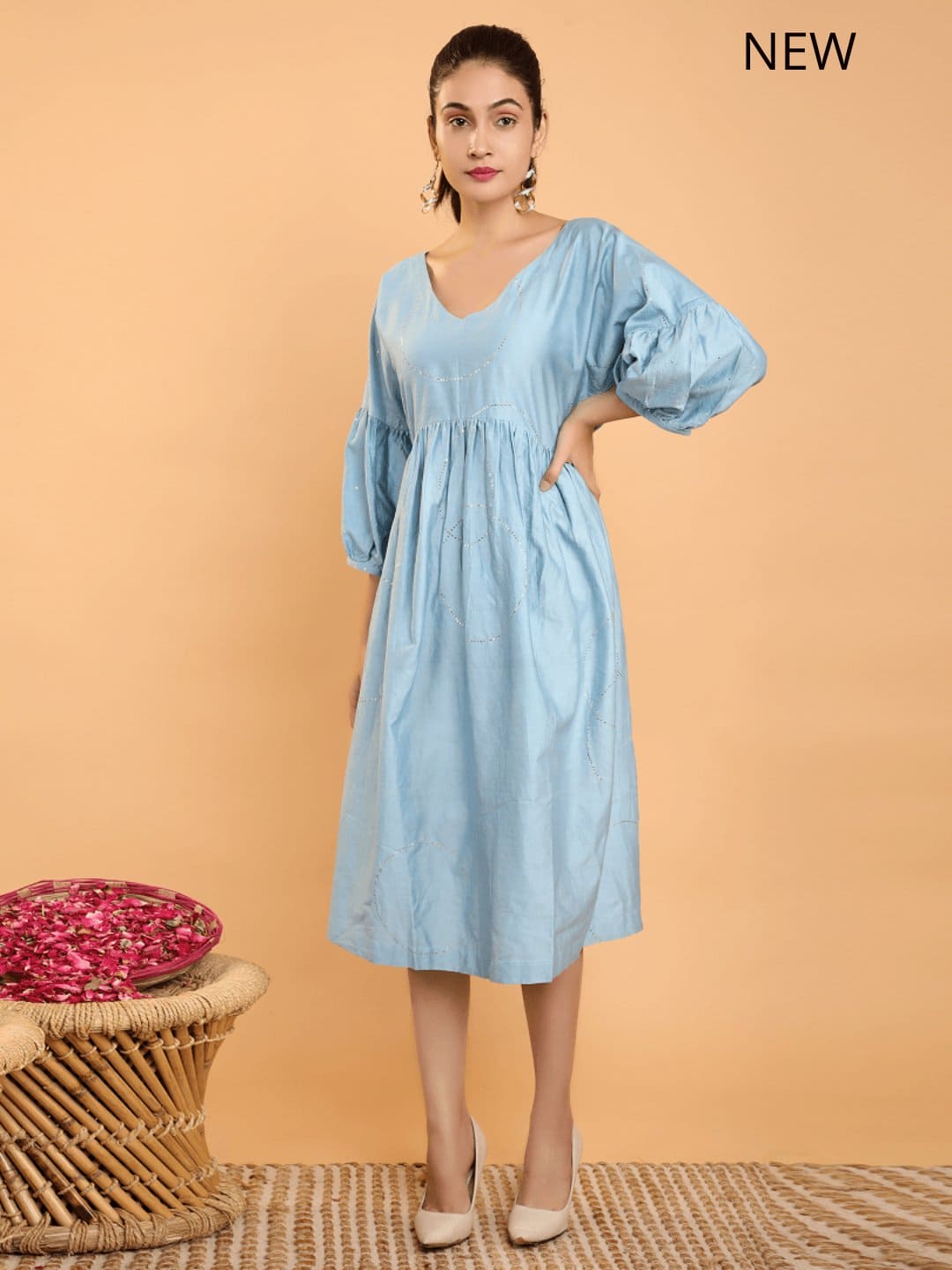 Chanderi Mukaish dress - Blue Grey - Charkha TalesChanderi Mukaish dress - Blue Grey