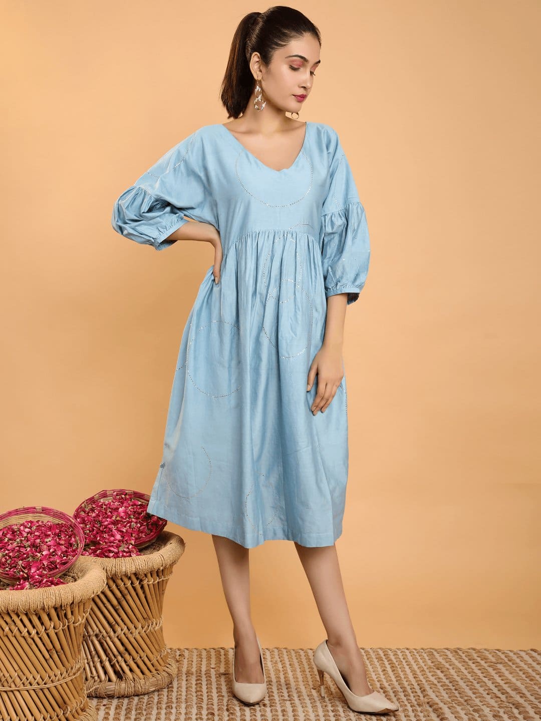 Chanderi Mukaish dress - Blue Grey - Charkha TalesChanderi Mukaish dress - Blue Grey