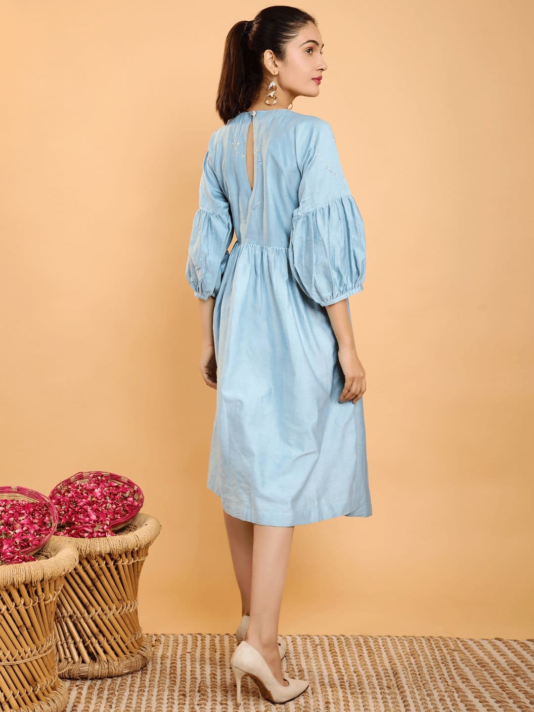 Chanderi Mukaish dress - Blue Grey - Charkha TalesChanderi Mukaish dress - Blue Grey