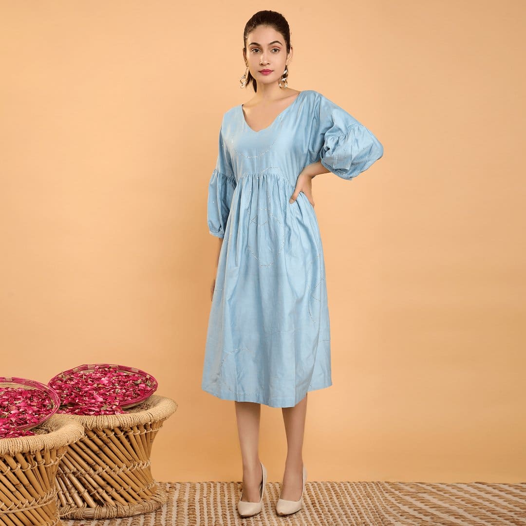 Chanderi Mukaish dress - Blue Grey - Charkha TalesChanderi Mukaish dress - Blue Grey