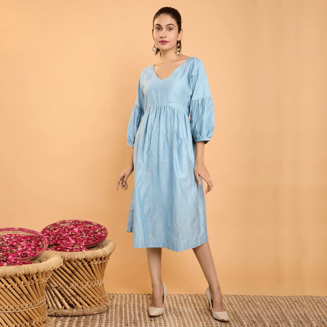 Chanderi Mukaish dress - Blue Grey - Charkha TalesChanderi Mukaish dress - Blue Grey
