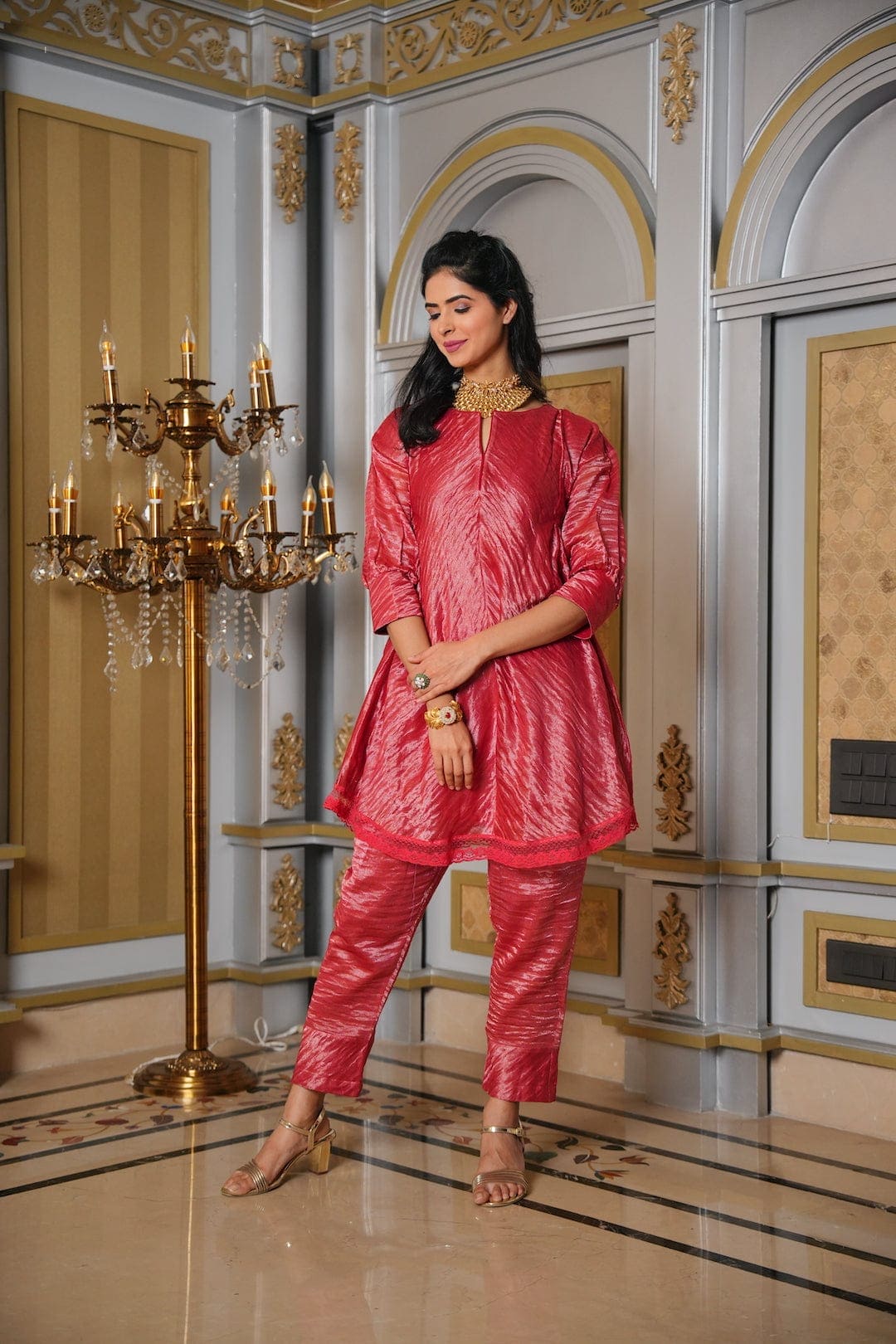 Chanderi Silk Co - ord Set - Red - Charkha TalesChanderi Silk Co - ord Set - Red