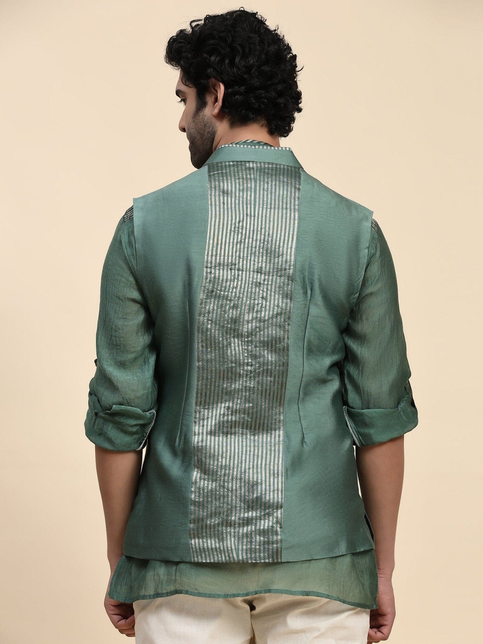 Chanderi Silk Men Jacket - Green - Charkha TalesChanderi Silk Men Jacket - Green