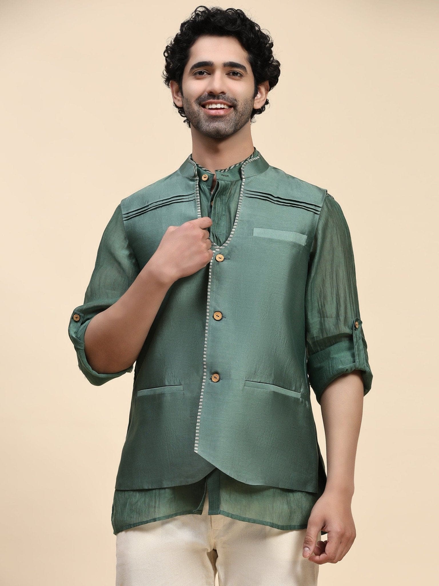 Chanderi Silk Men Jacket - Green - Charkha TalesChanderi Silk Men Jacket - Green