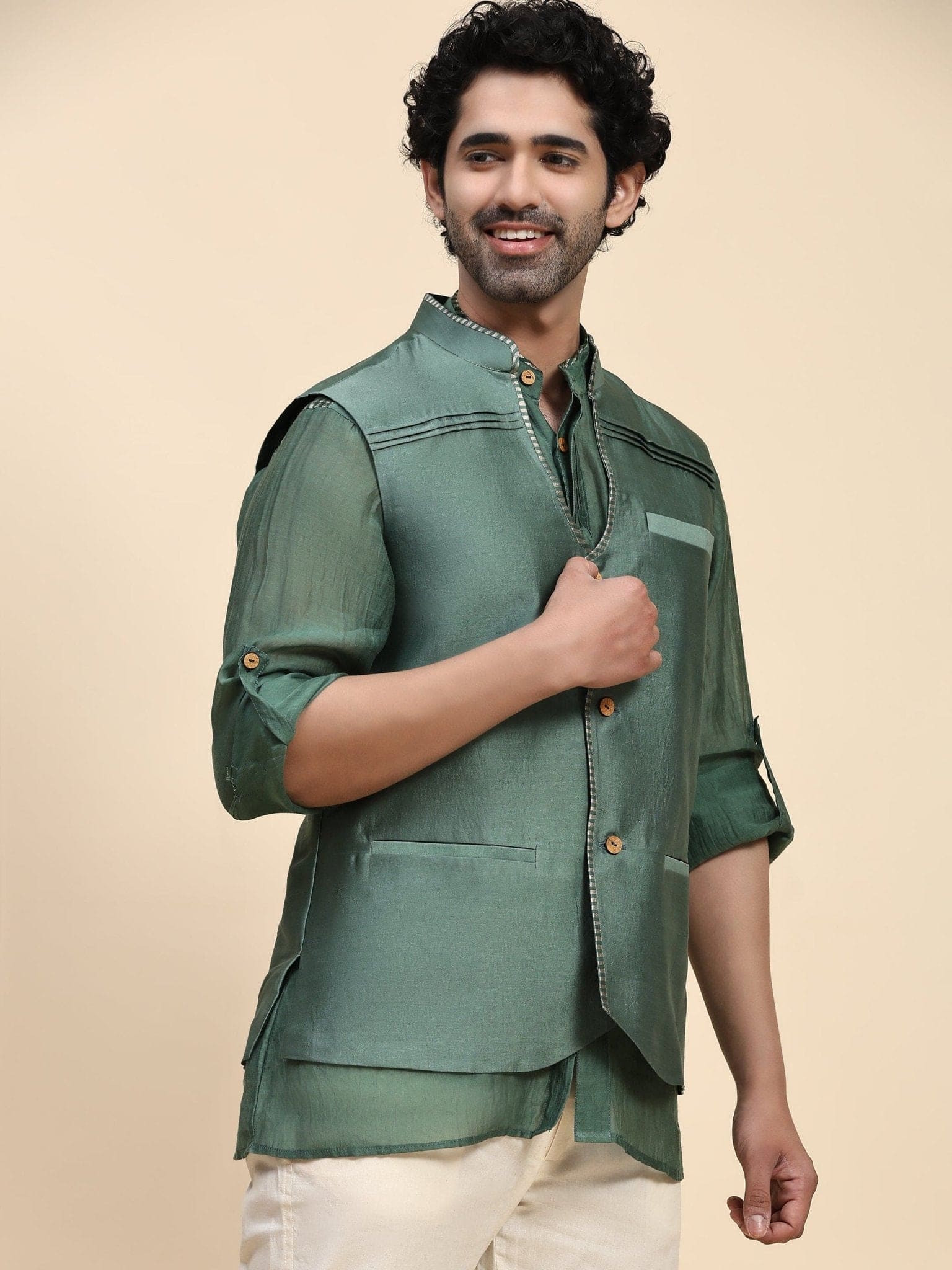 Chanderi Silk Men Jacket - Green - Charkha TalesChanderi Silk Men Jacket - Green