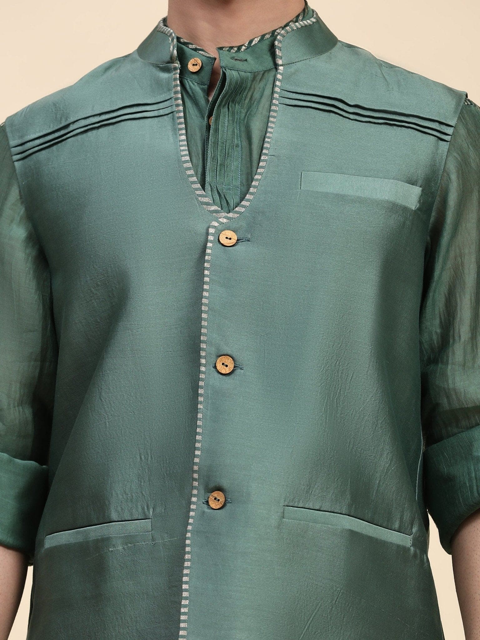 Chanderi Silk Men Jacket - Green - Charkha TalesChanderi Silk Men Jacket - Green