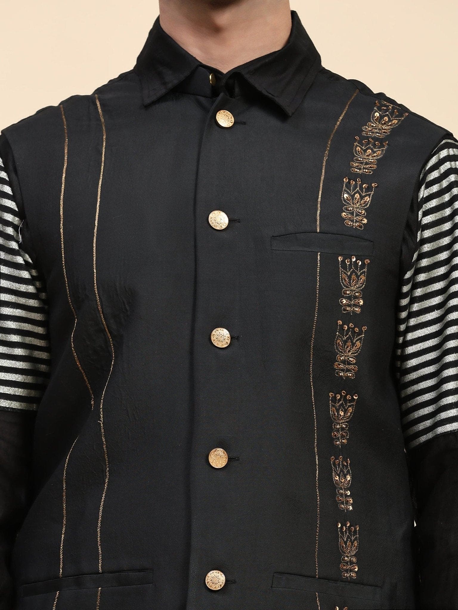 Chanderi Silk Men Kurta Set - Black - Charkha TalesChanderi Silk Men Kurta Set - Black