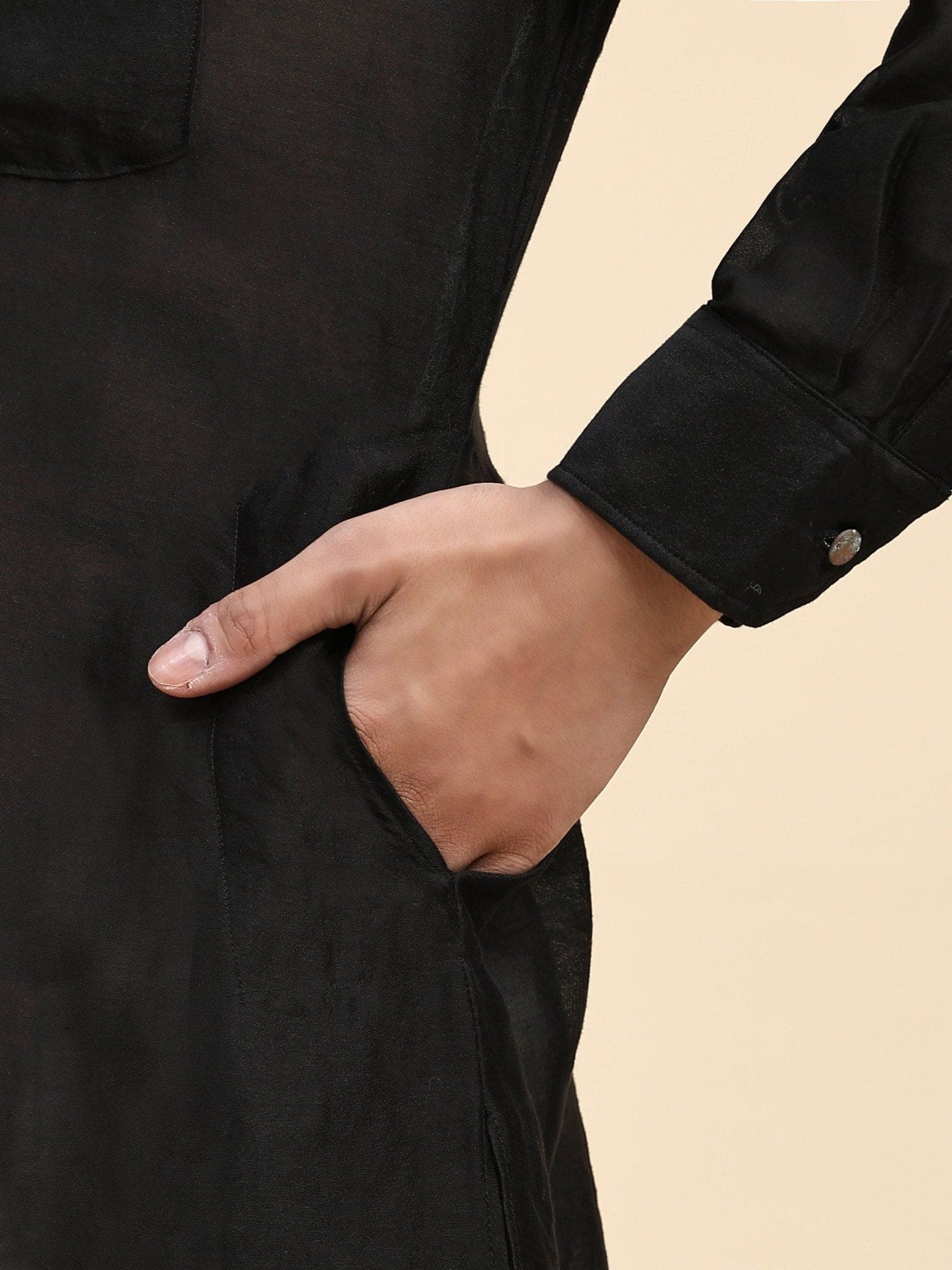 Chanderi Silk Men Kurta Set - Black - Charkha TalesChanderi Silk Men Kurta Set - Black