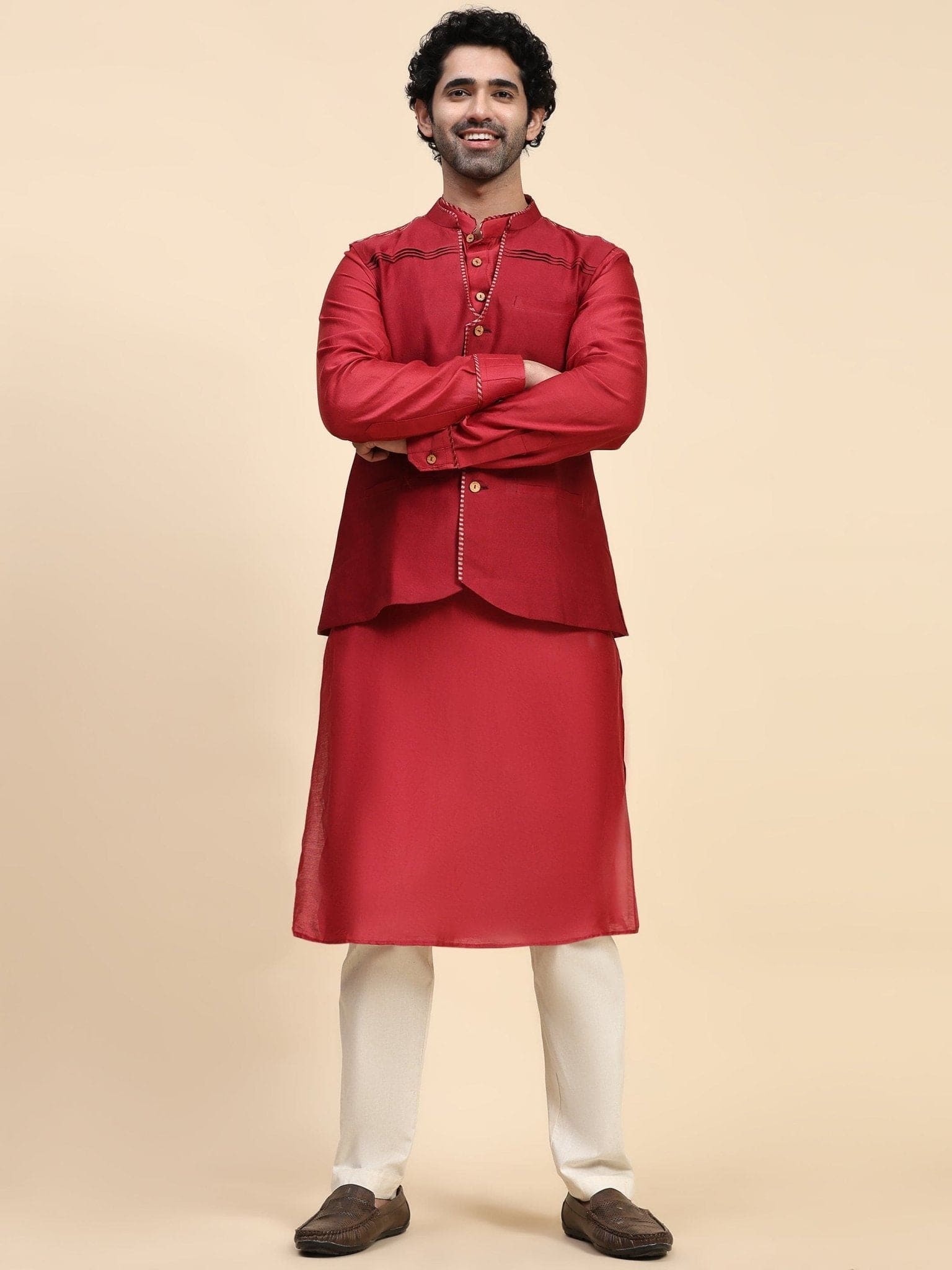 Chanderi Silk Men Kurta Set - Red - Charkha TalesChanderi Silk Men Kurta Set - Red