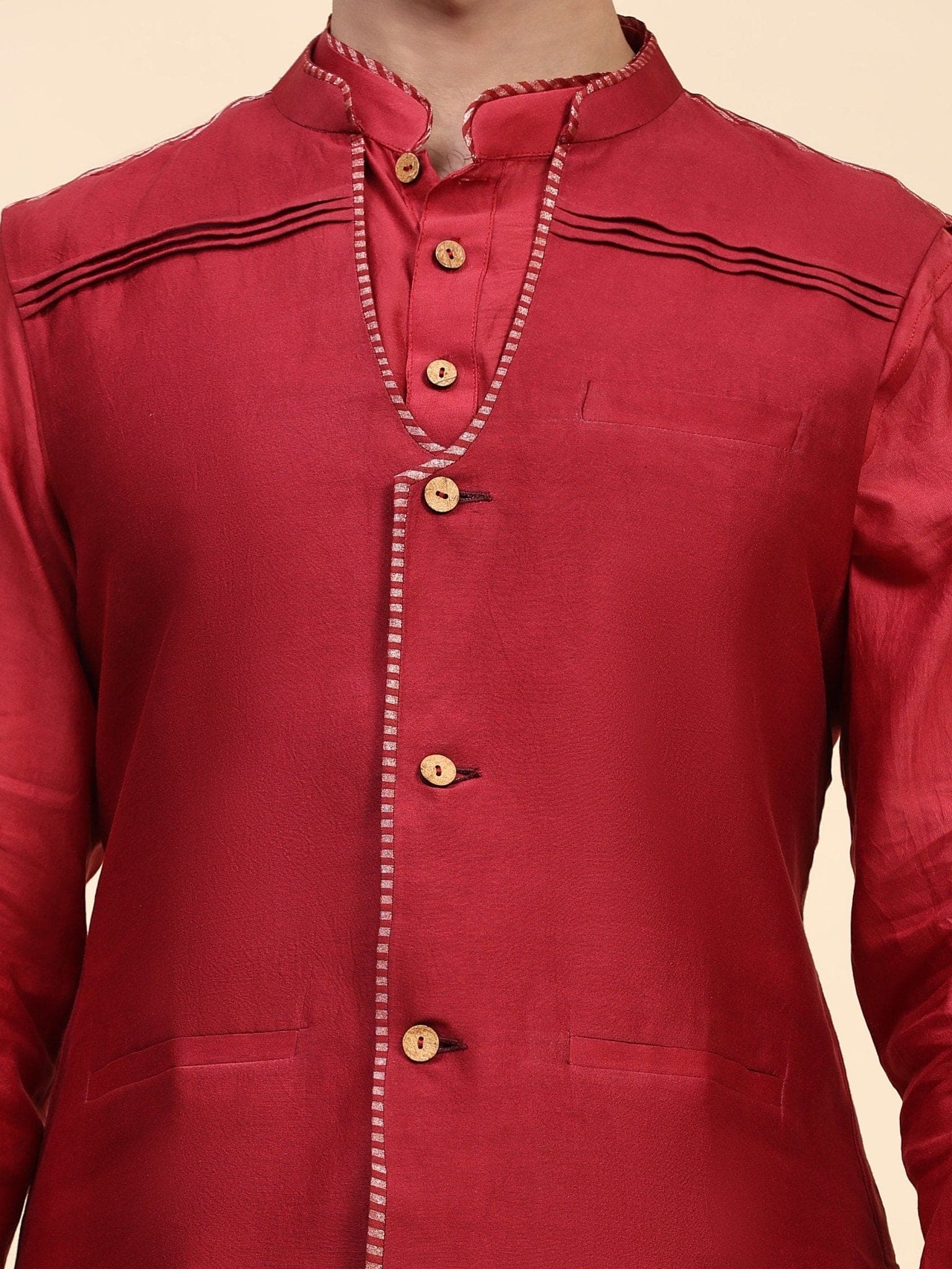 Chanderi Silk Men Kurta Set - Red - Charkha TalesChanderi Silk Men Kurta Set - Red