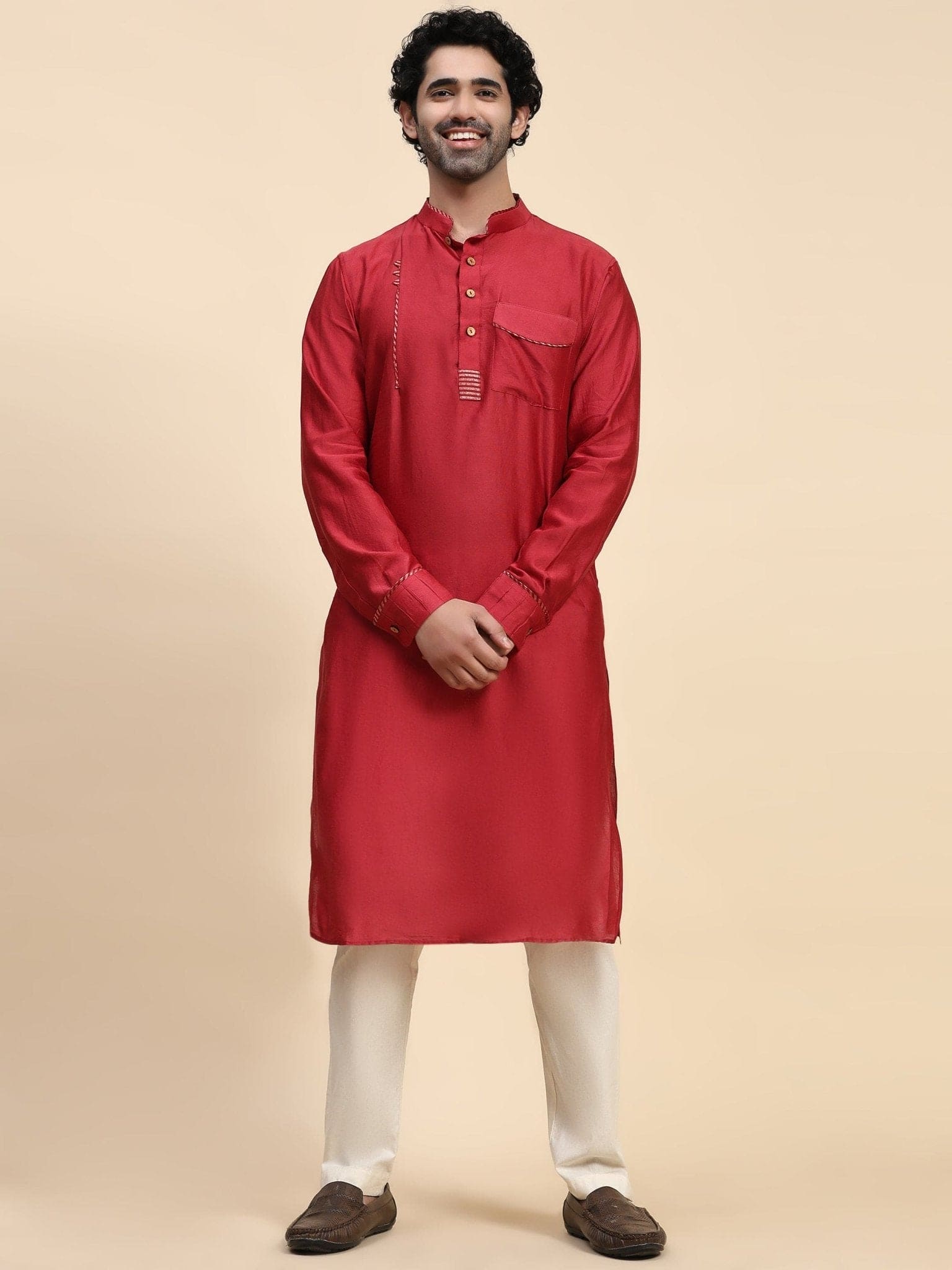 Chanderi Silk Men Kurta Set - Red - Charkha TalesChanderi Silk Men Kurta Set - Red