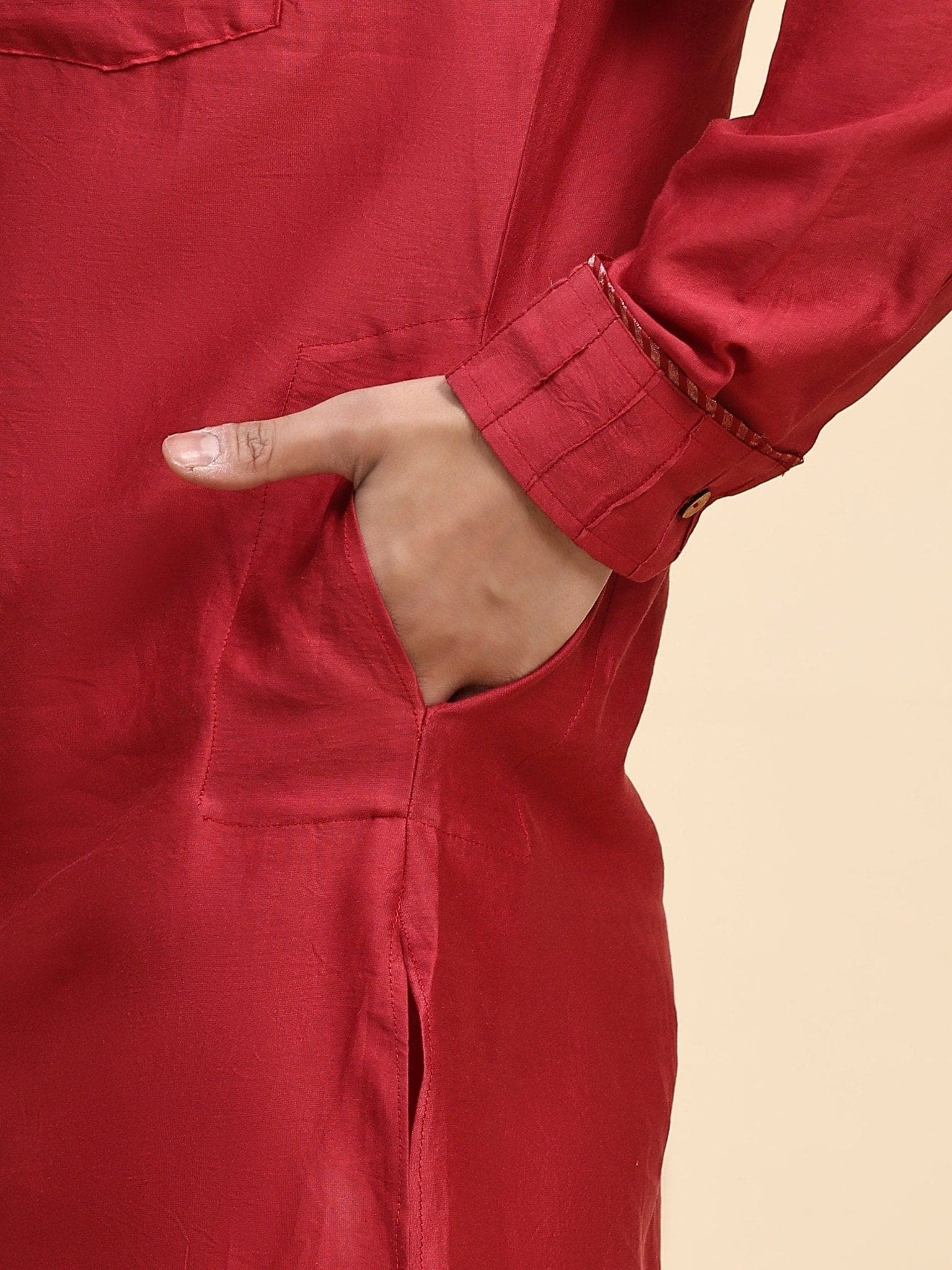 Chanderi Silk Men Kurta Set - Red - Charkha TalesChanderi Silk Men Kurta Set - Red