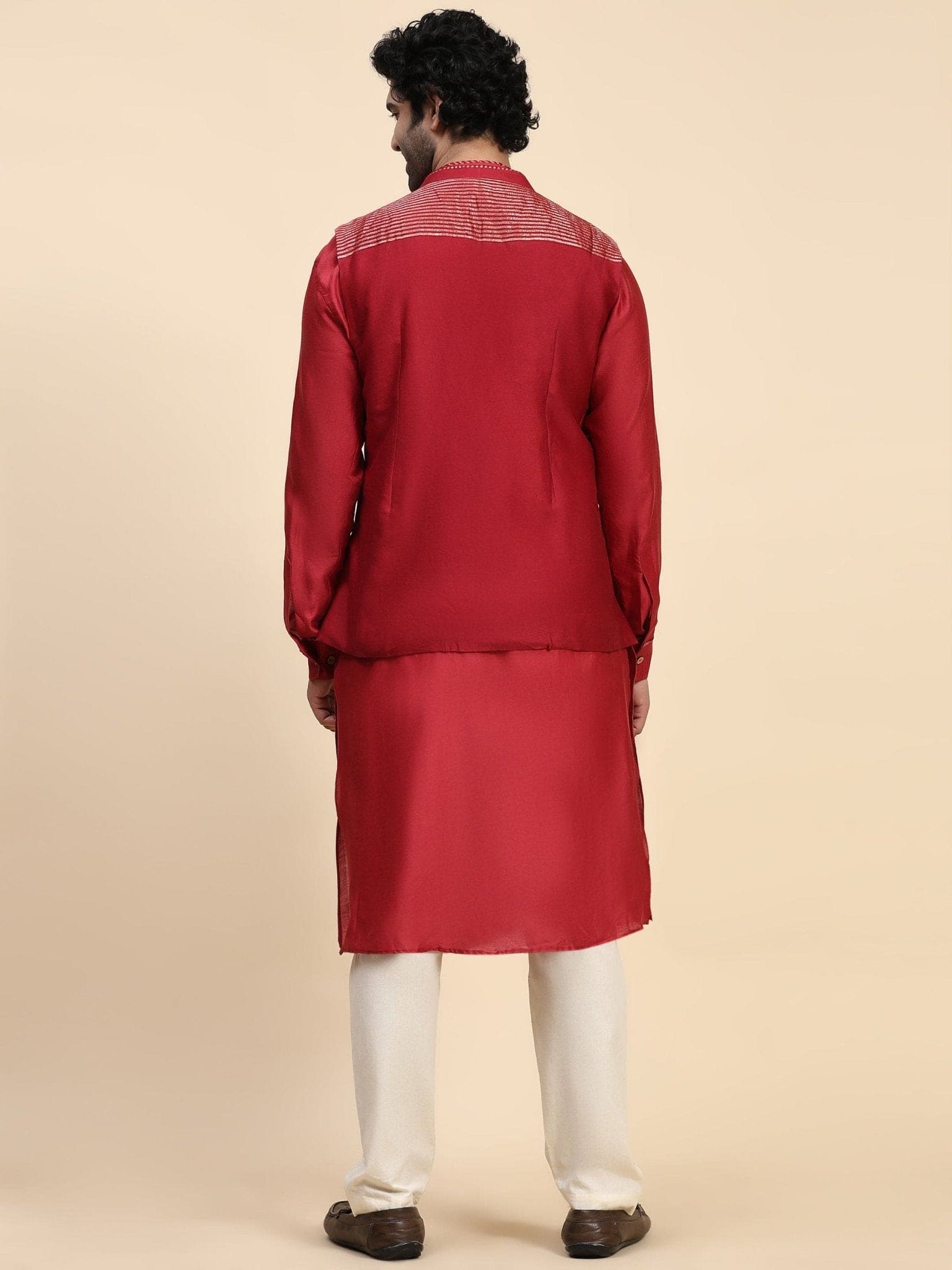 Chanderi Silk Men Kurta Set - Red - Charkha TalesChanderi Silk Men Kurta Set - Red